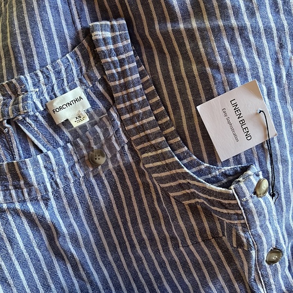 Forcynthia Linen Blend Blue & White striped button dress Size XS NWT w/ pockets - Picture 3 of 4